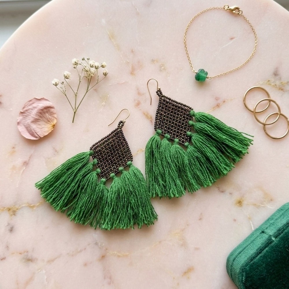Green Tassel Fringe Statement Earrings